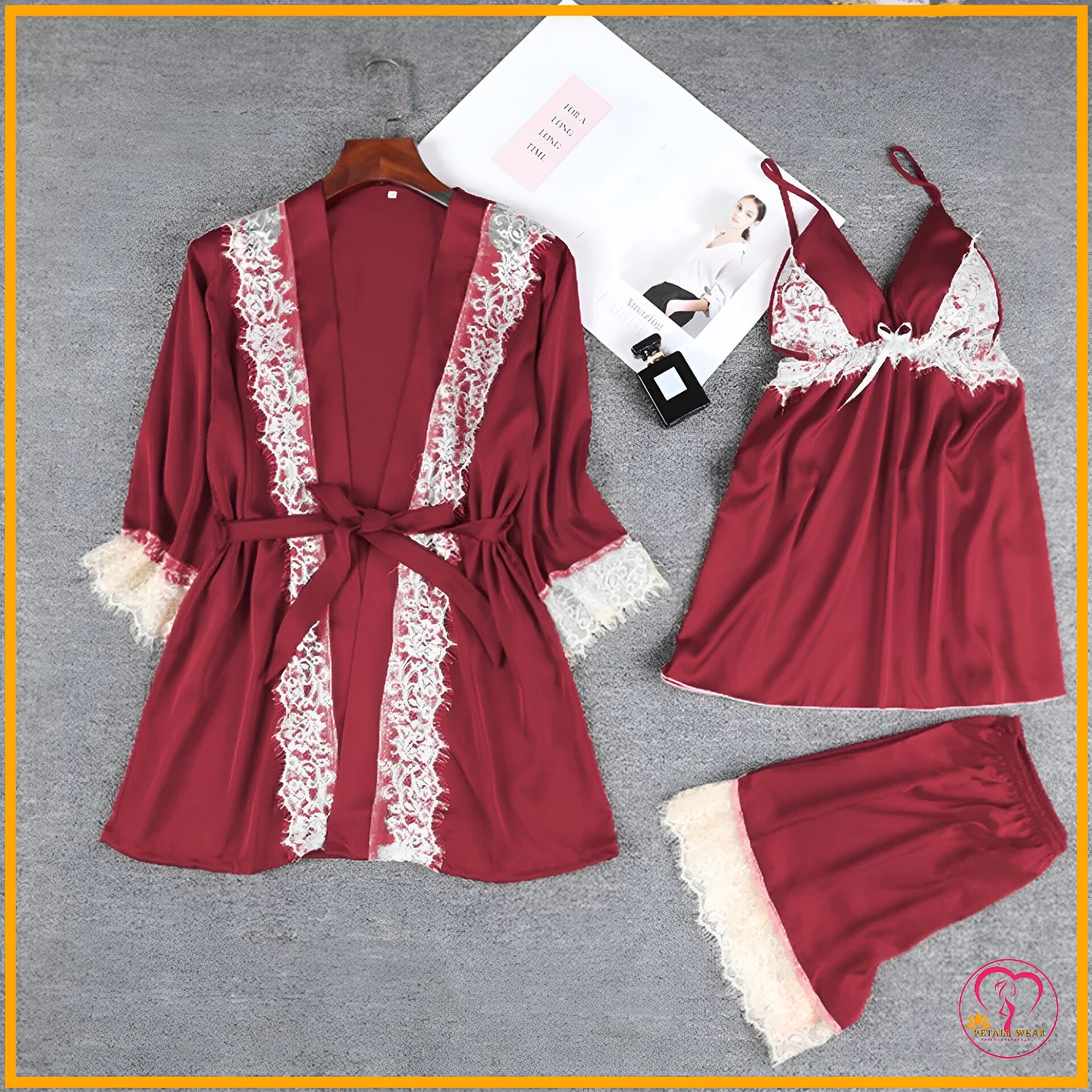 Lace Patchwork 3-Piece Silk Nightwear