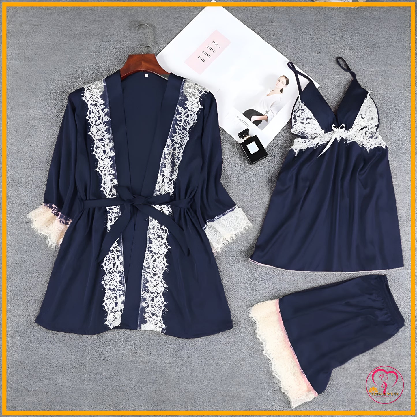 Lace Patchwork 3-Piece Silk Nightwear