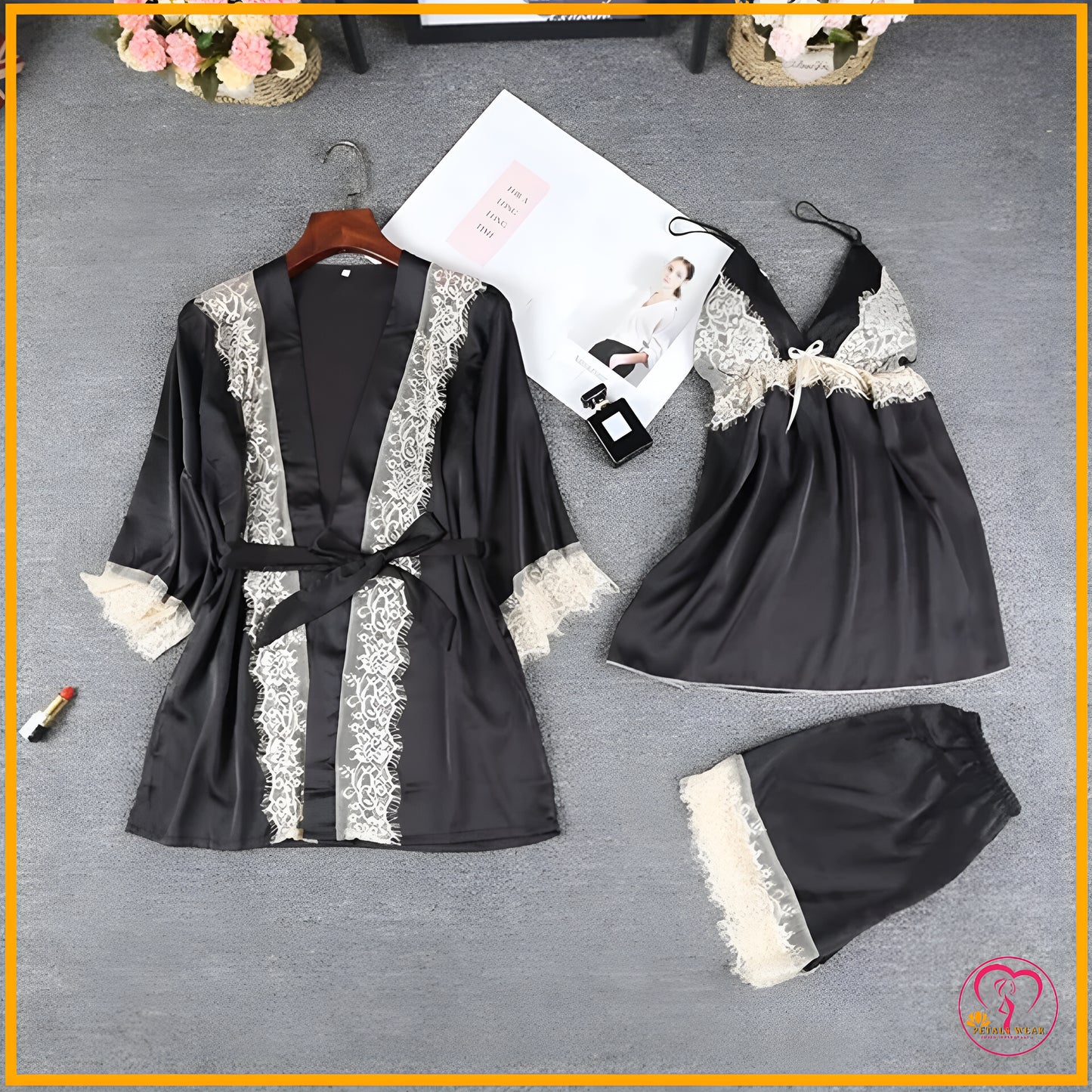 Lace Patchwork 3-Piece Silk Nightwear