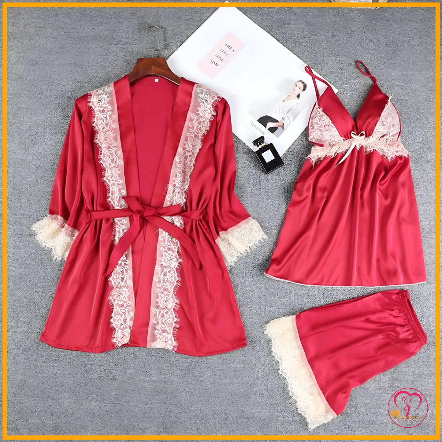 Lace Patchwork 3-Piece Silk Nightwear
