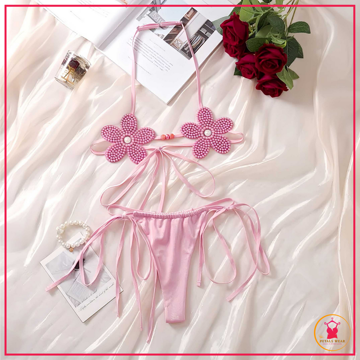 Floral Beaded Halter Bikini Set 🌸