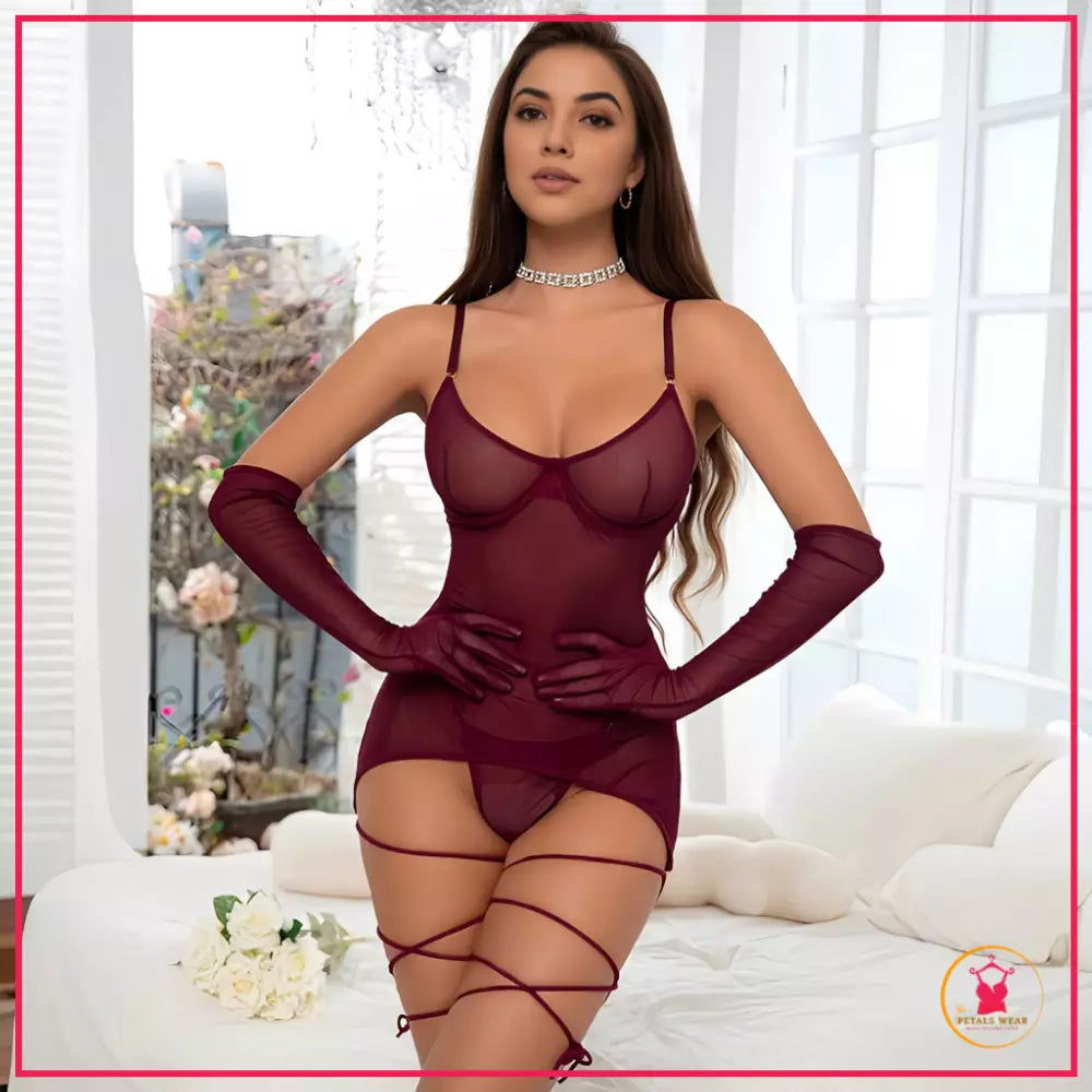 Sexy Nightdress Lingerie Set with Gloves