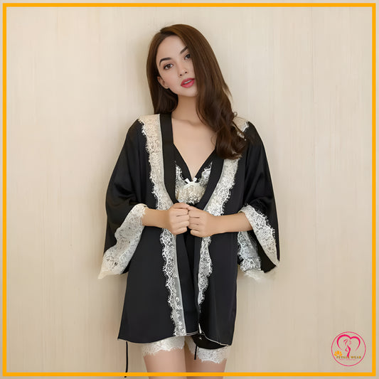 Lace Patchwork 3-Piece Silk Nightwear