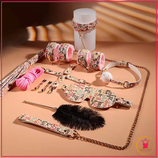 10-piece luxury bondage lingerie set with cuffs and mask