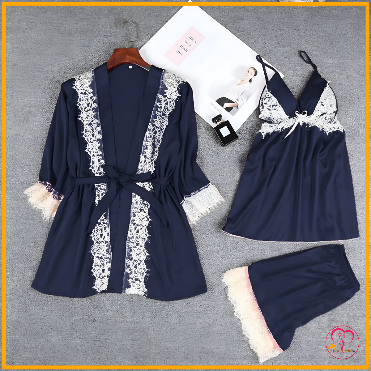 Lace Patchwork 3-Piece Silk Nightwear