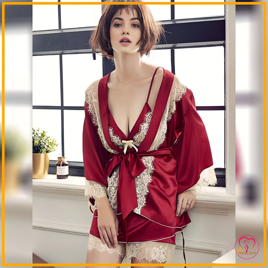 Lace Patchwork 3-Piece Silk Nightwear