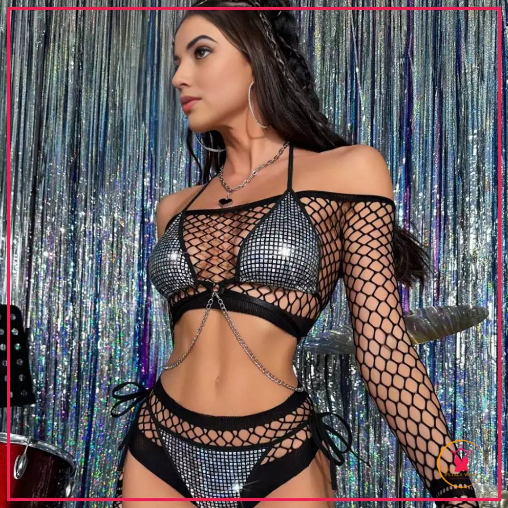 4Pcs Chain Fishnet Lingerie Set Shiny Bra Panty by Petals Wear

