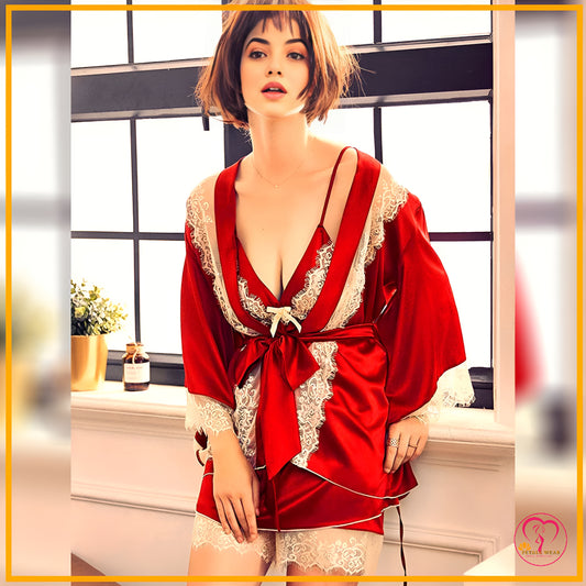 Lace Patchwork 3-Piece Silk Nightwear