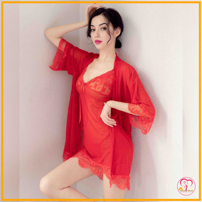 Floral Lace 3 Pcs Sleepwear Set