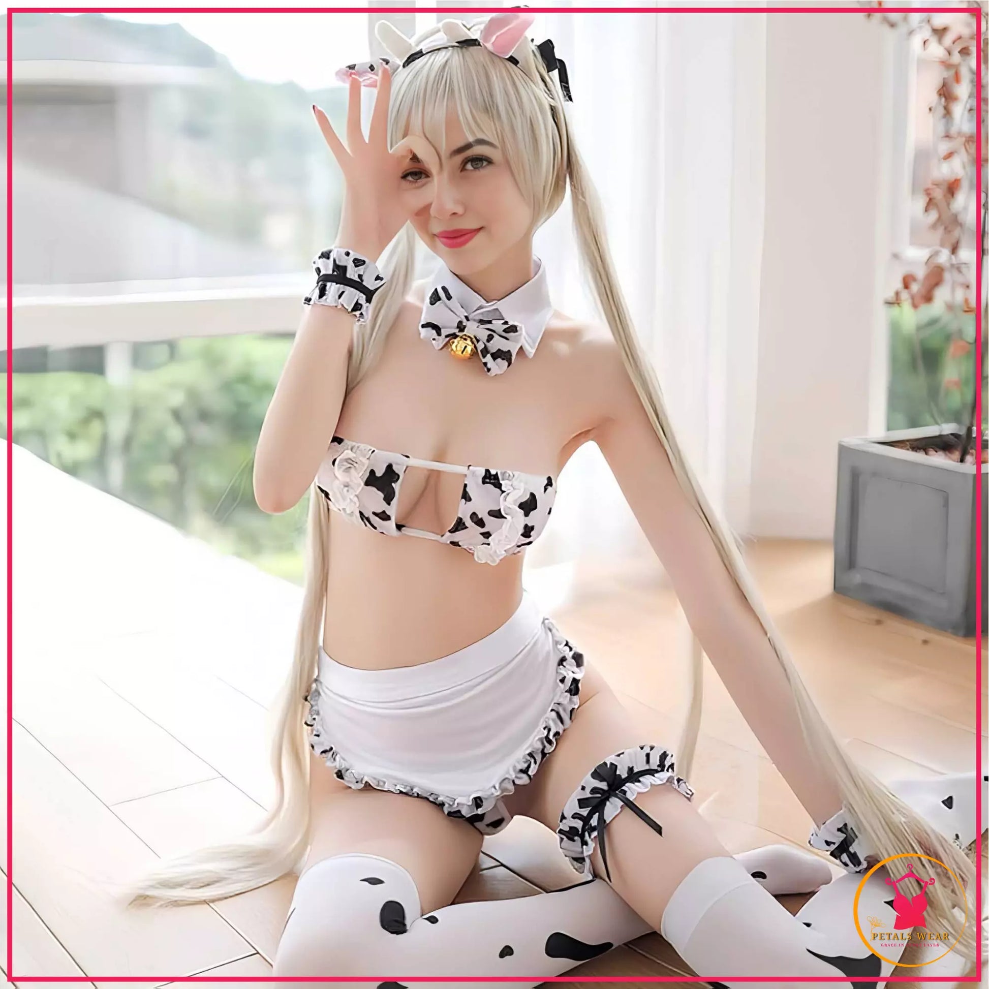 Black and white cow lingerie outfit with accessories
