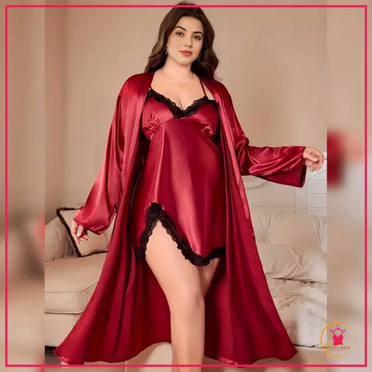 Bridal nightwear set with lace trim and robe - Petals Wear

