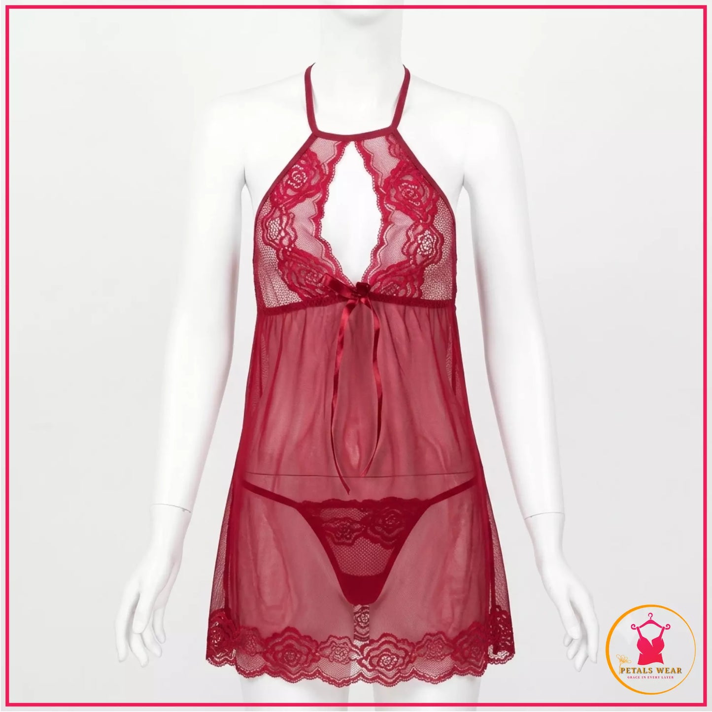 Elegant sheer lace babydoll nightwear with matching panty
