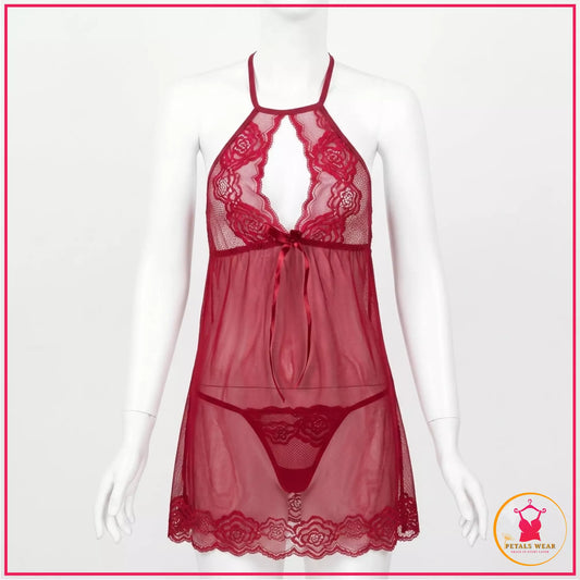 Elegant sheer lace babydoll nightwear with matching panty
