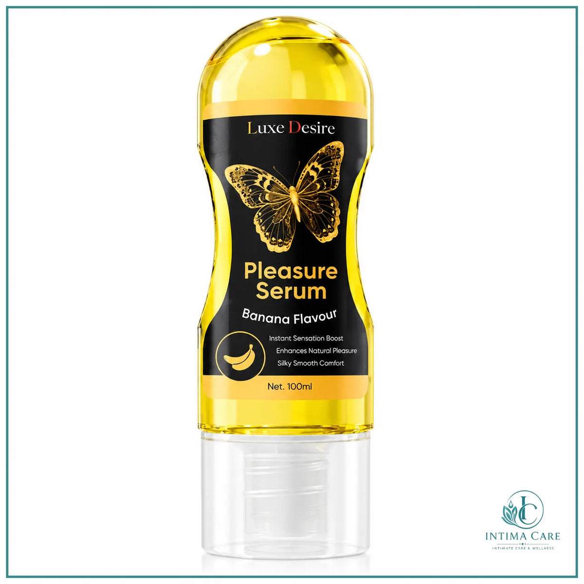 Intima Care Banana flavored water-based personal lubricant in 100ml upside-down bottle