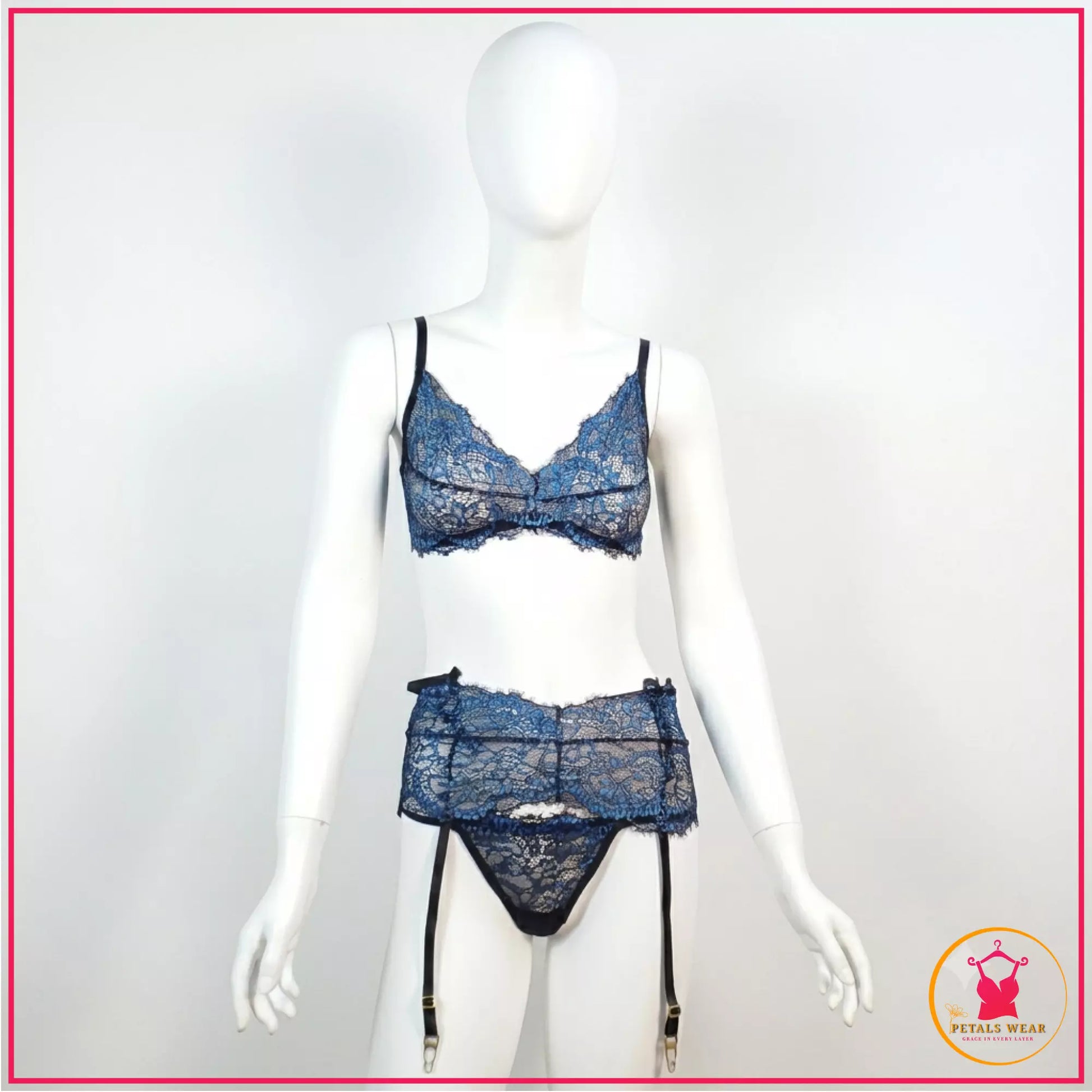 Premium Floral Lace Three Piece Lingerie Set
