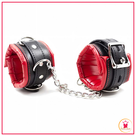 Premium leather multicolor wrist restraint cuffs close view
