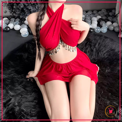 Red cosplay lingerie set for belly dance performances
