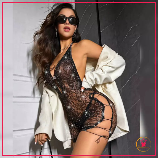 Stretchy Lingerie Bodysuit – Hollowout Fishnet Design – Free Size