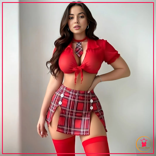 Five piece schoolgirl inspired lingerie set including top, skirt, panty, tie and stockings