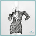 Black fishnet lingerie dress with hollowout sleeves and stockings