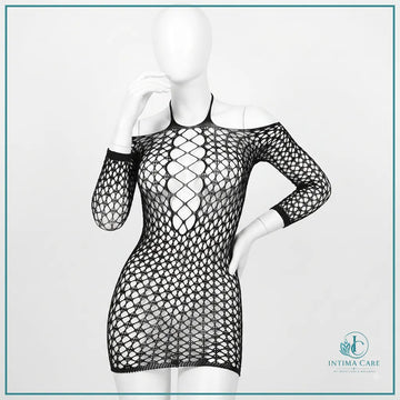 Black fishnet lingerie dress with hollowout sleeves and stockings