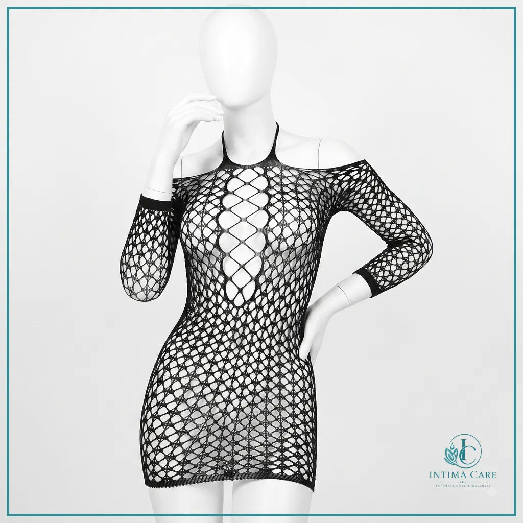 Black fishnet lingerie dress with hollowout sleeves and stockings
