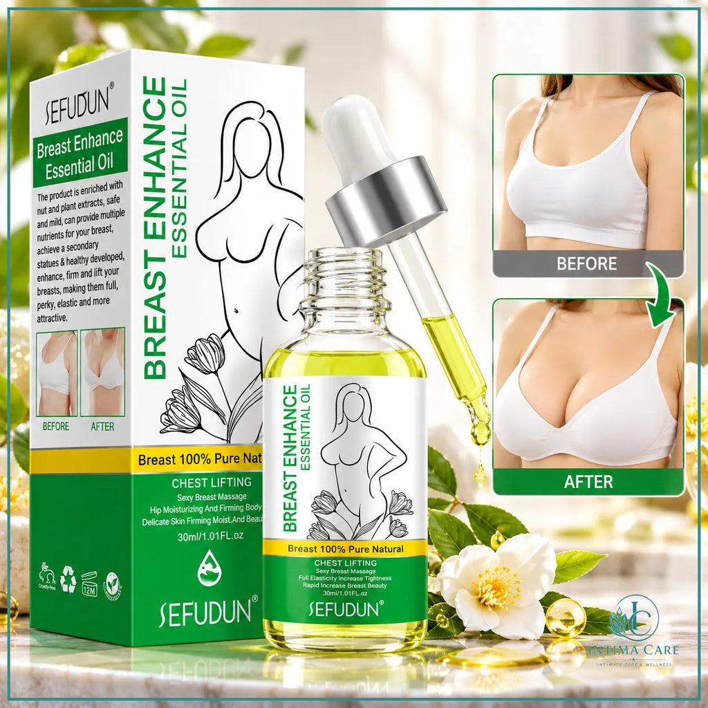 Breast Enhance Essential Oil in glass dropper bottle with green and white label