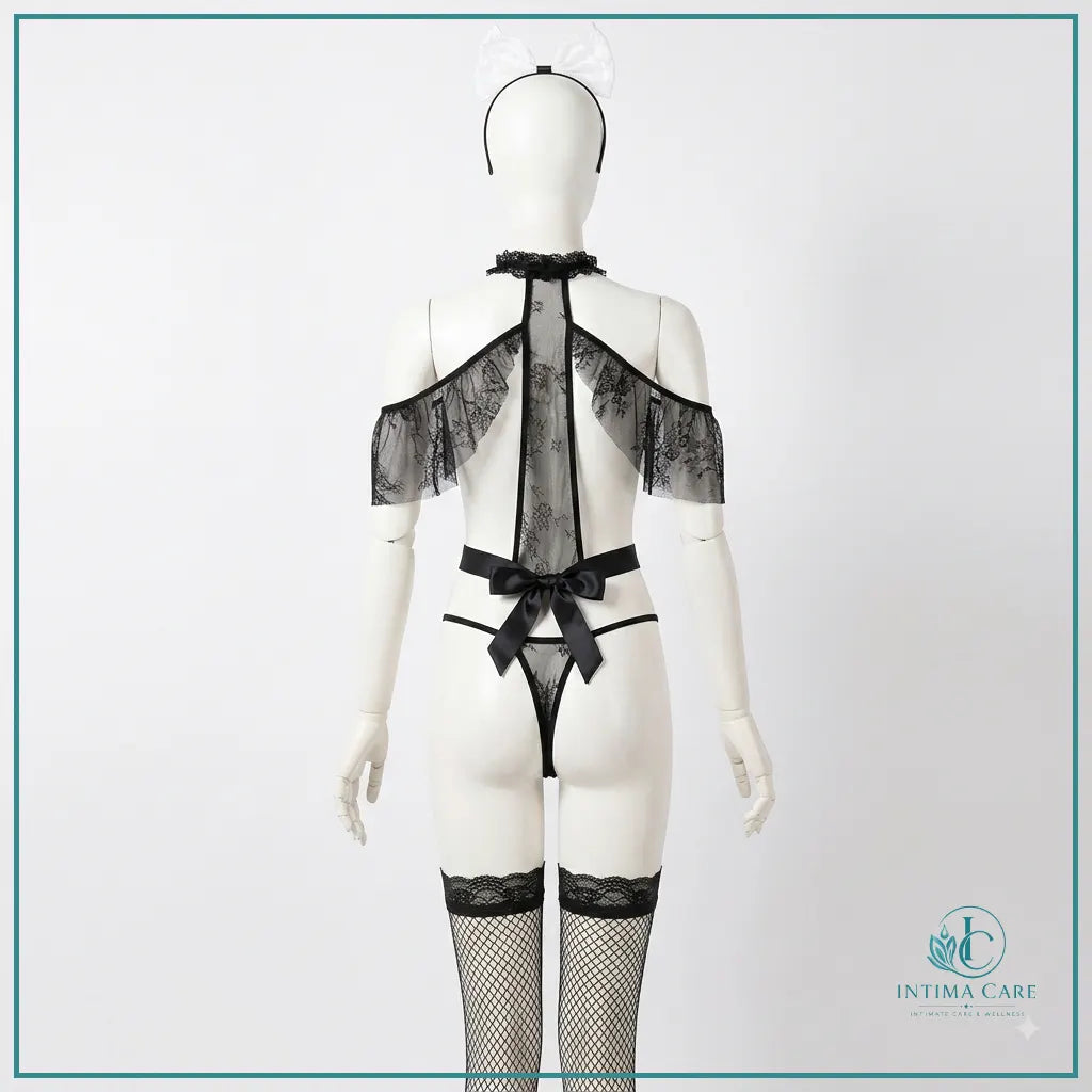 Women's sheer lace cosplay lingerie set with matching accessories