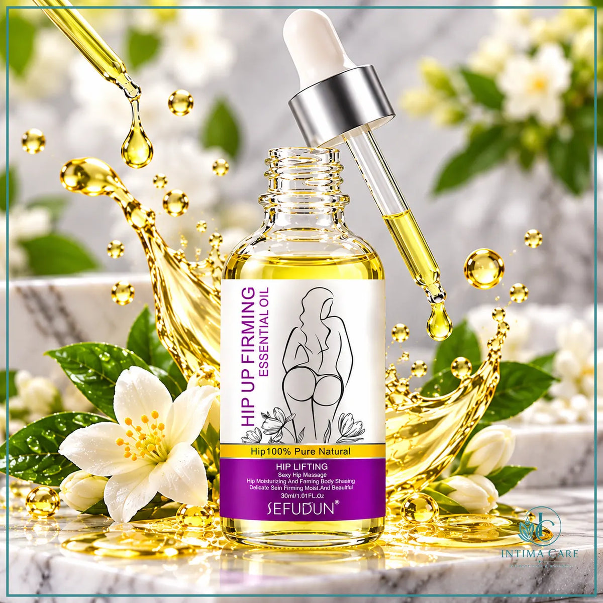 Hip Up Firming Essential Oil in glass dropper bottle with purple and white label