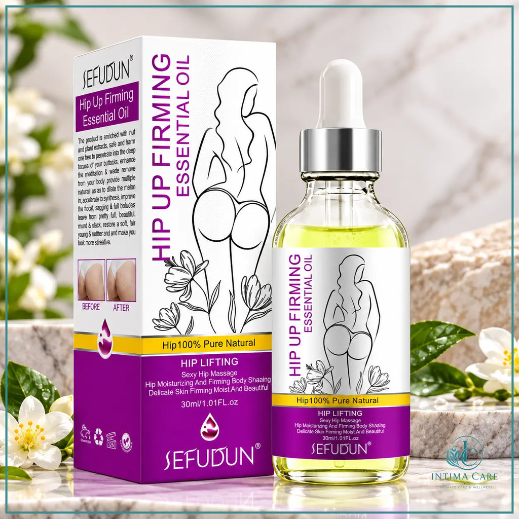 Women's hip and buttock massage oil with botanical ingredients in 30ml bottle