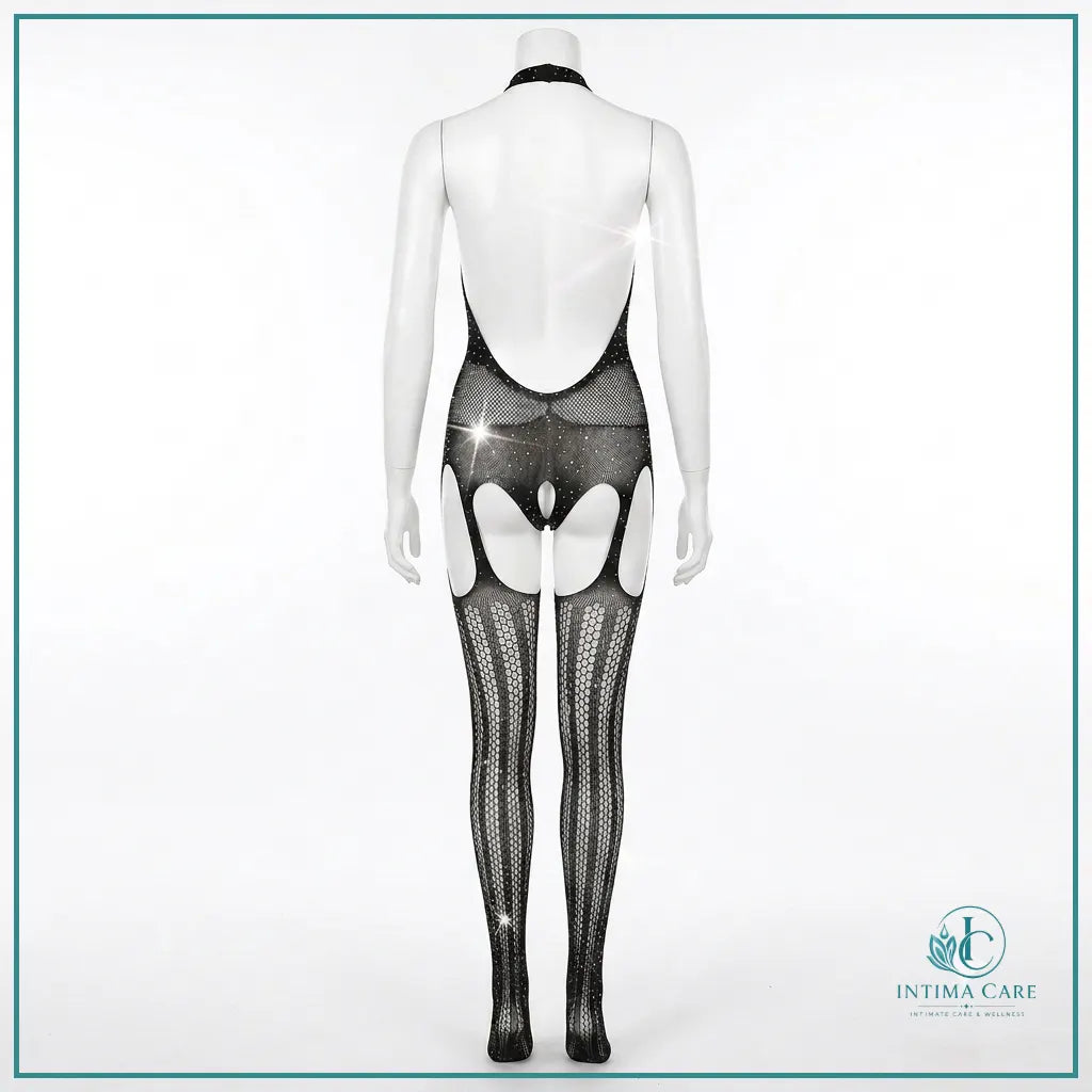 Women's jacquard bodystocking lingerie featuring decorative hollow-out detailing