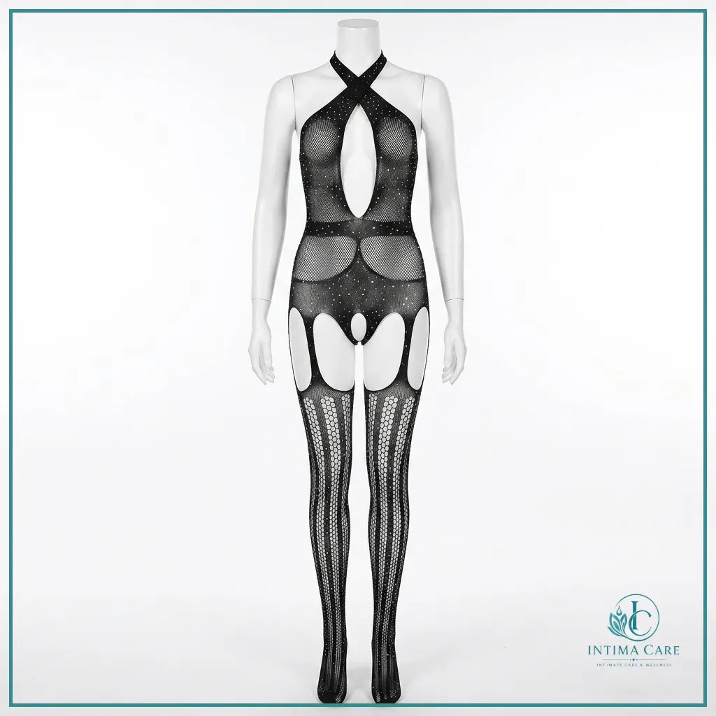 Hollow-out jacquard lingerie bodystocking onesie with matching leg stockings