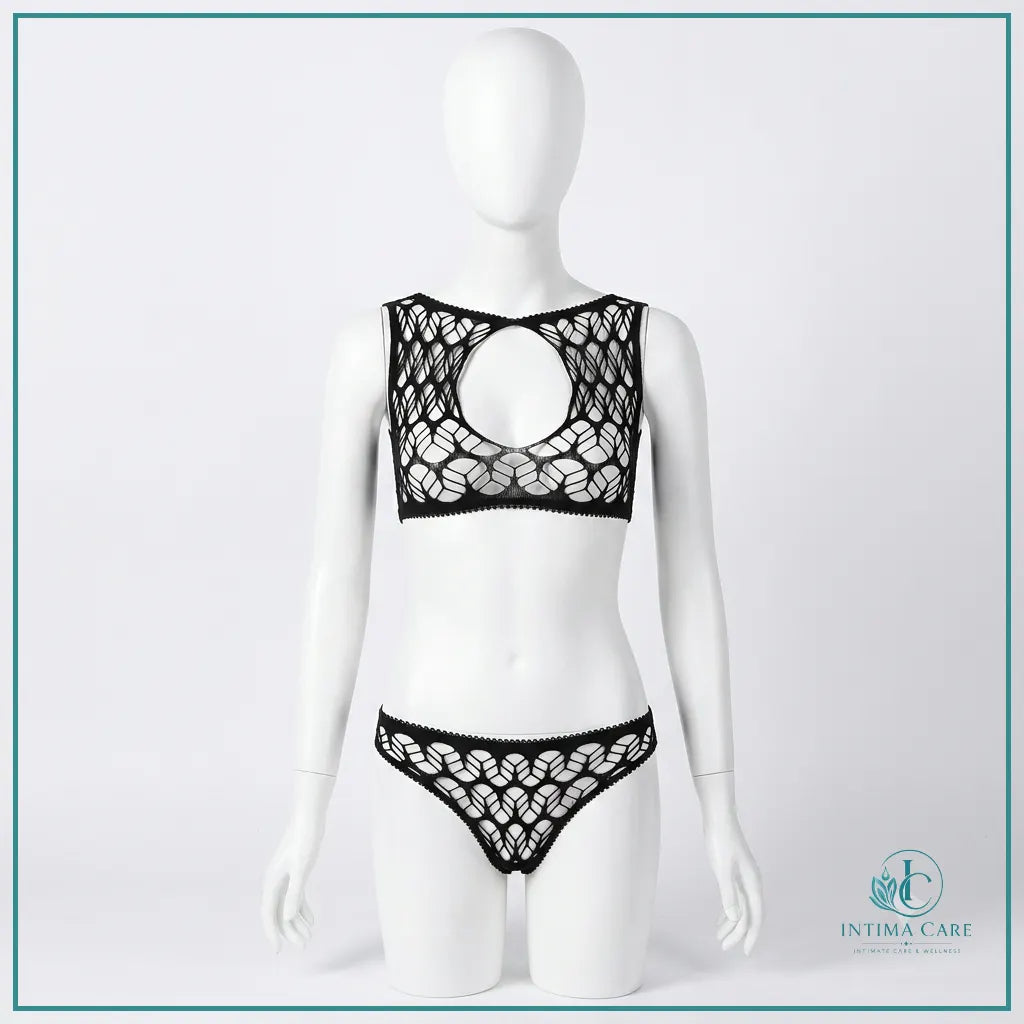 Hollow out stretchable two-piece bodystocking lingerie set for women