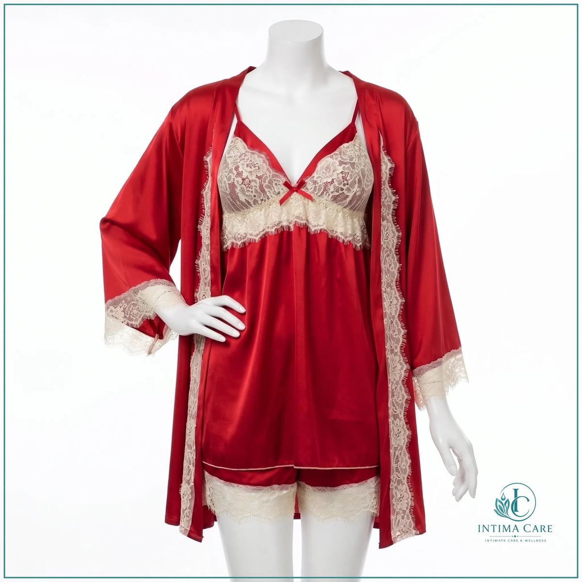 Elegant lace patchwork silk nightwear with gown top and nicker