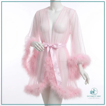 Bridal sheer lace gown with fur detailing for romantic bridal nightwear