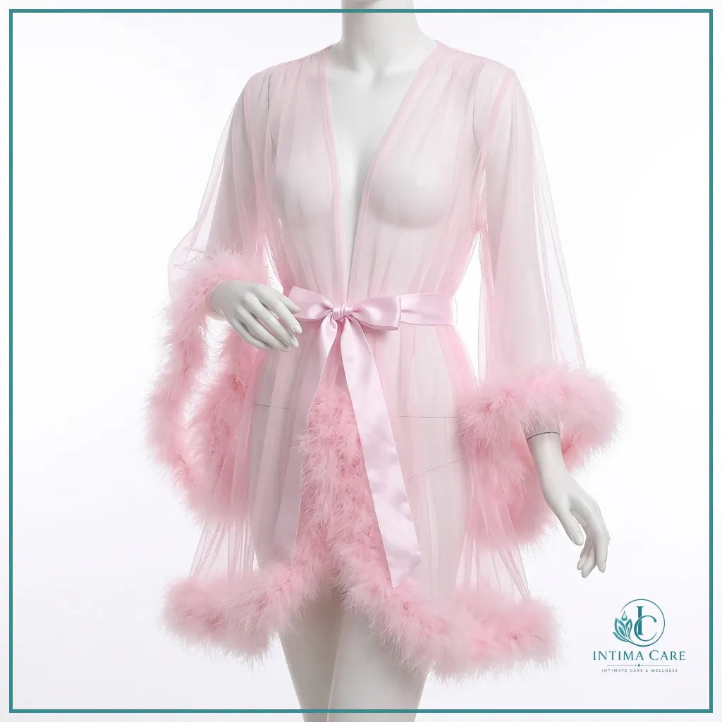 Bridal sheer lace gown with fur detailing for romantic bridal nightwear