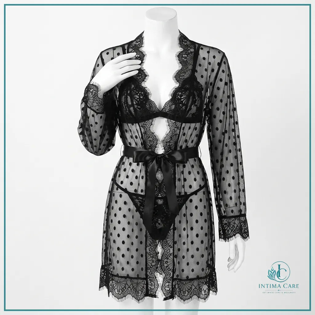 Sheer lace embroidered 3 piece nighty set with gown, bra and panty