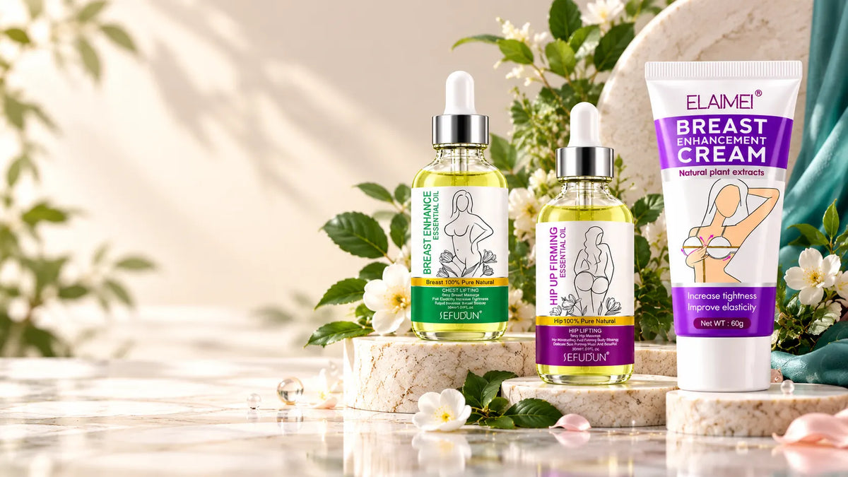 Breast Enhance Essential Oil, Hip Up Firming Essential Oil and Breast Enhancement Cream displayed together in an Intima Care body care collection.